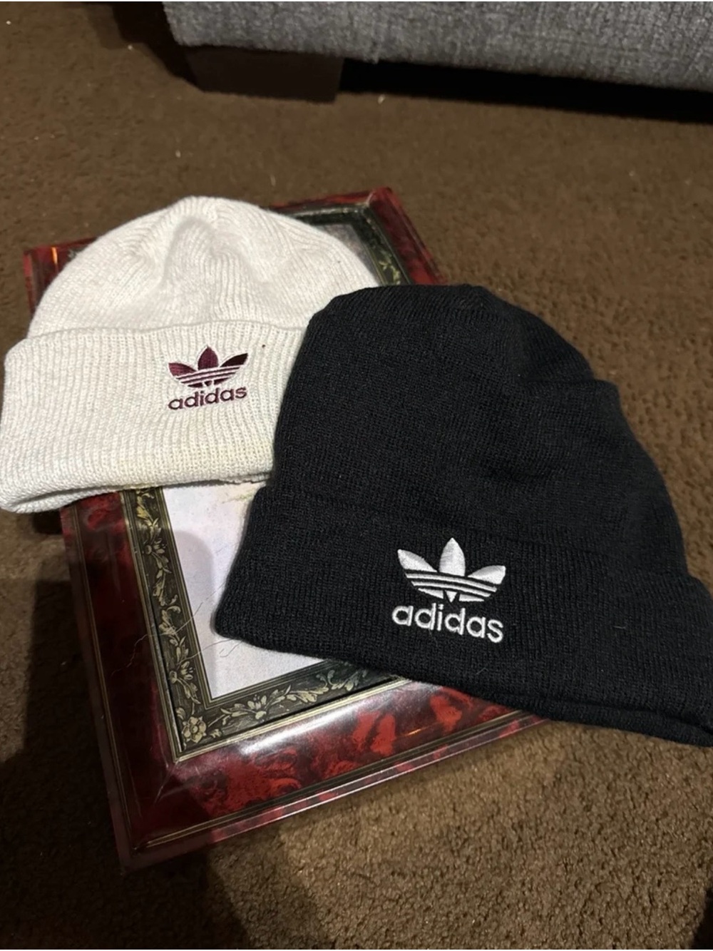 adidas Cream Knit Beanie with Burgundy Trefoil